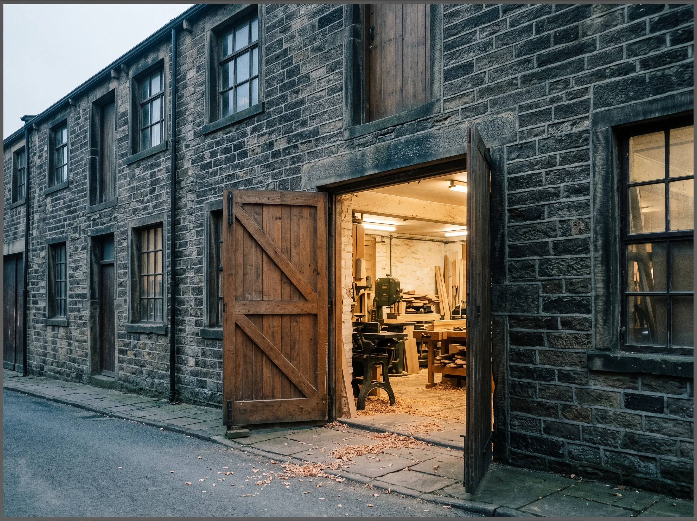 A stone mill exterior with an open timber door revealing a workshop with warm light and sawdust inside.