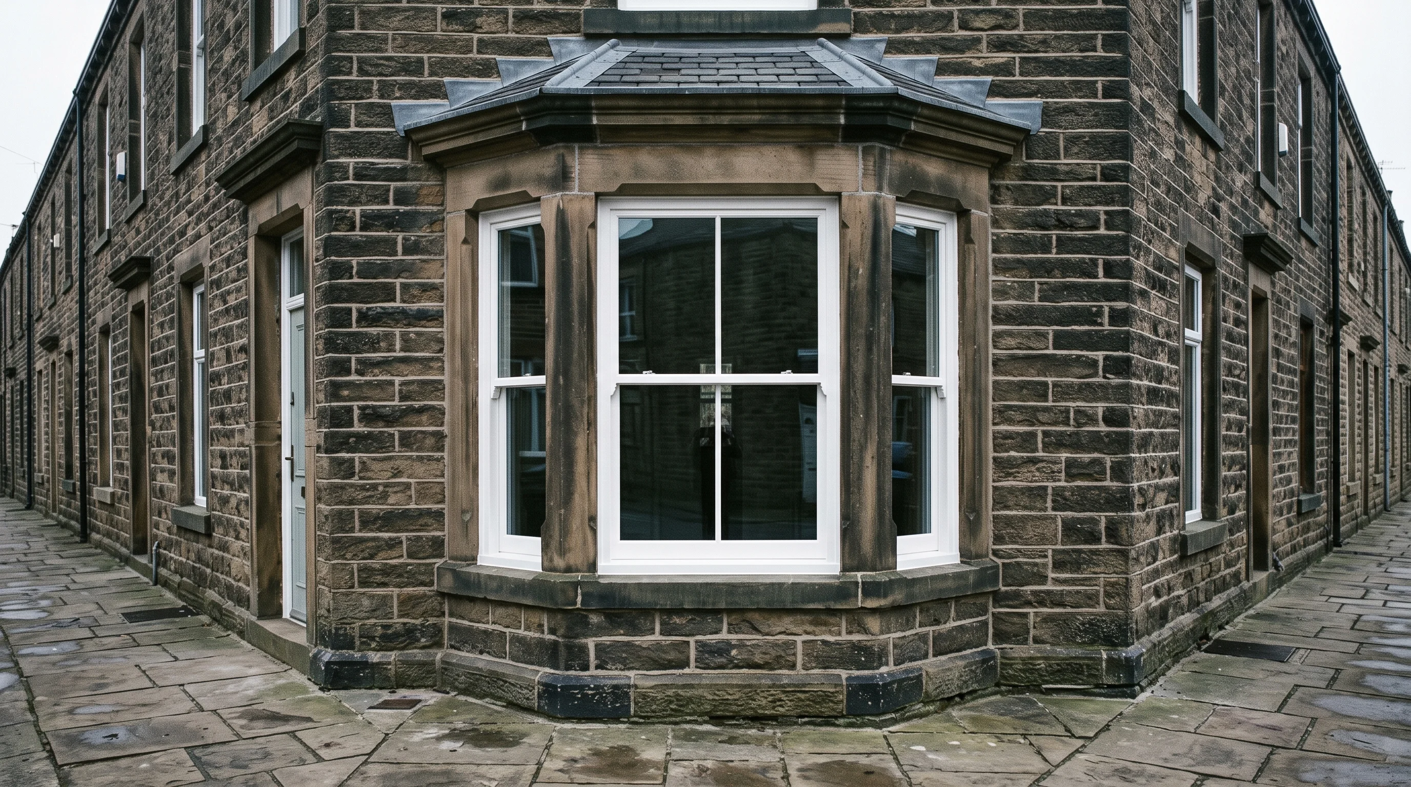 A restored Victorian bay window in a Halifax millstone-grit terrace, its new sashes matching the neighbouring houses