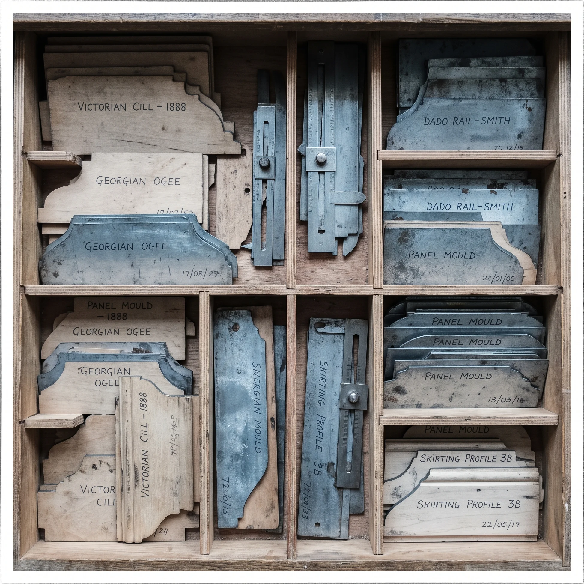 A plan-chest drawer of moulding templates and profile gauges, each labelled in pencil