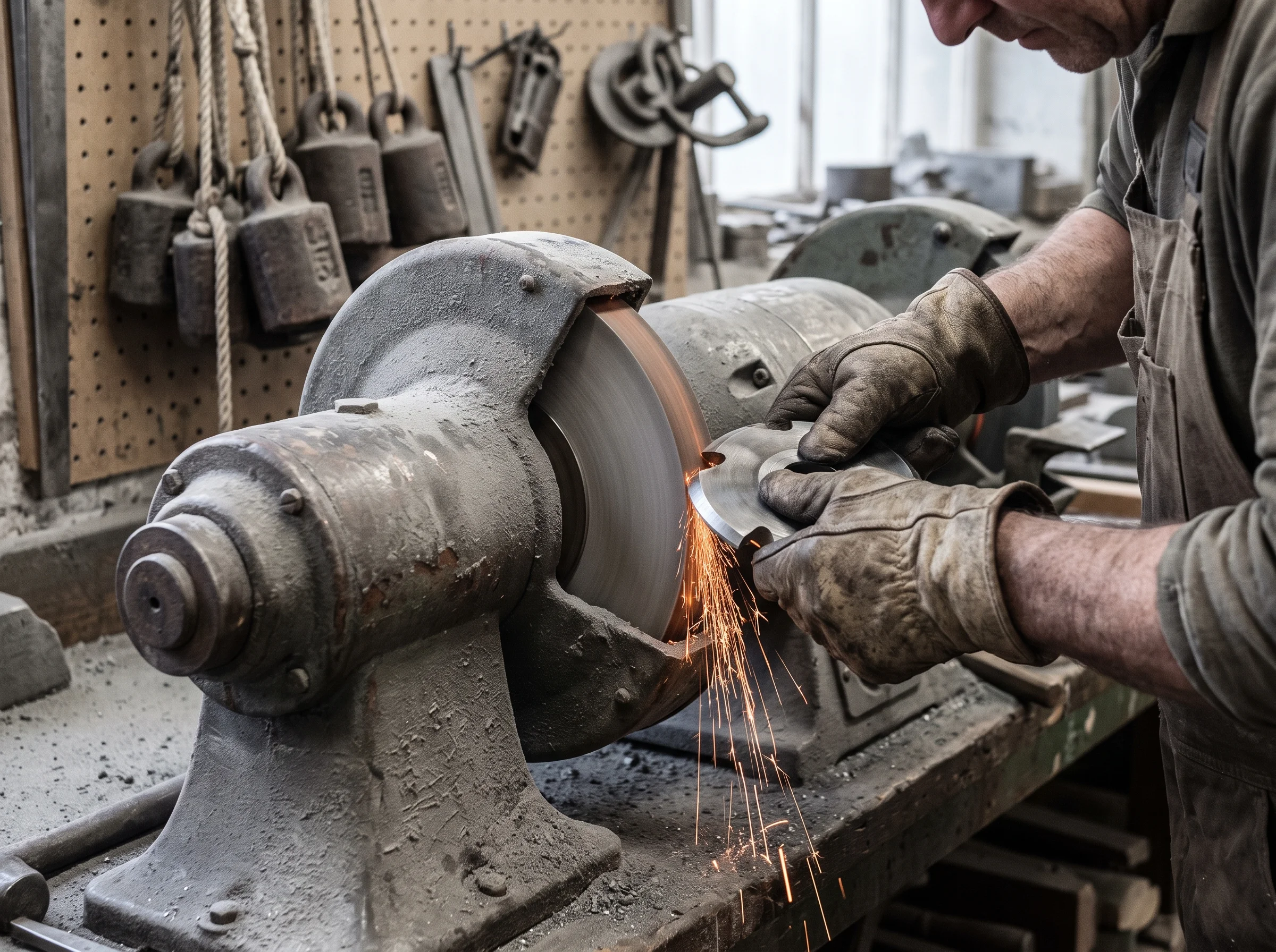A hand steadying a moulding cutter against a cast-iron grinding wheel, sparks coming off the steel, sash weights lined along the wall behind