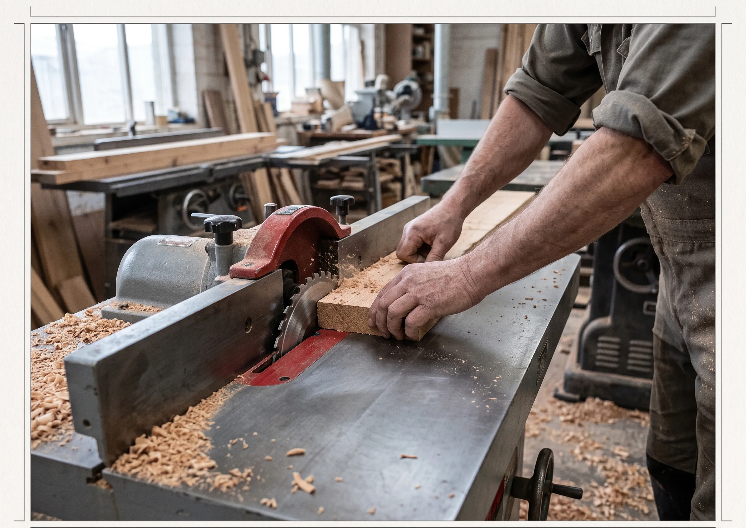 A joiner's hands guiding timber through a table saw in a workshop with wood shavings on the table.