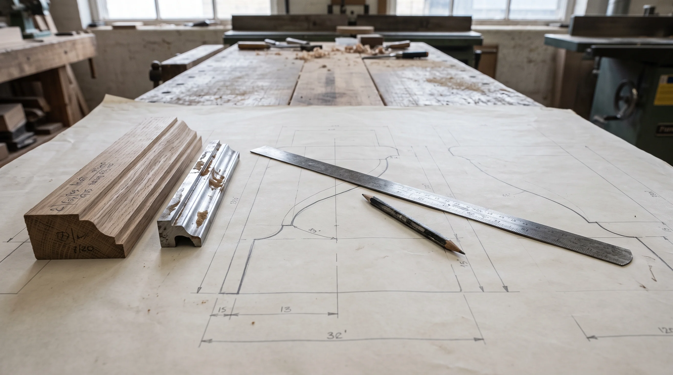 A steel rule and pencil resting on a full-size moulding drawing, with a profile template and cutter alongside on a workbench.