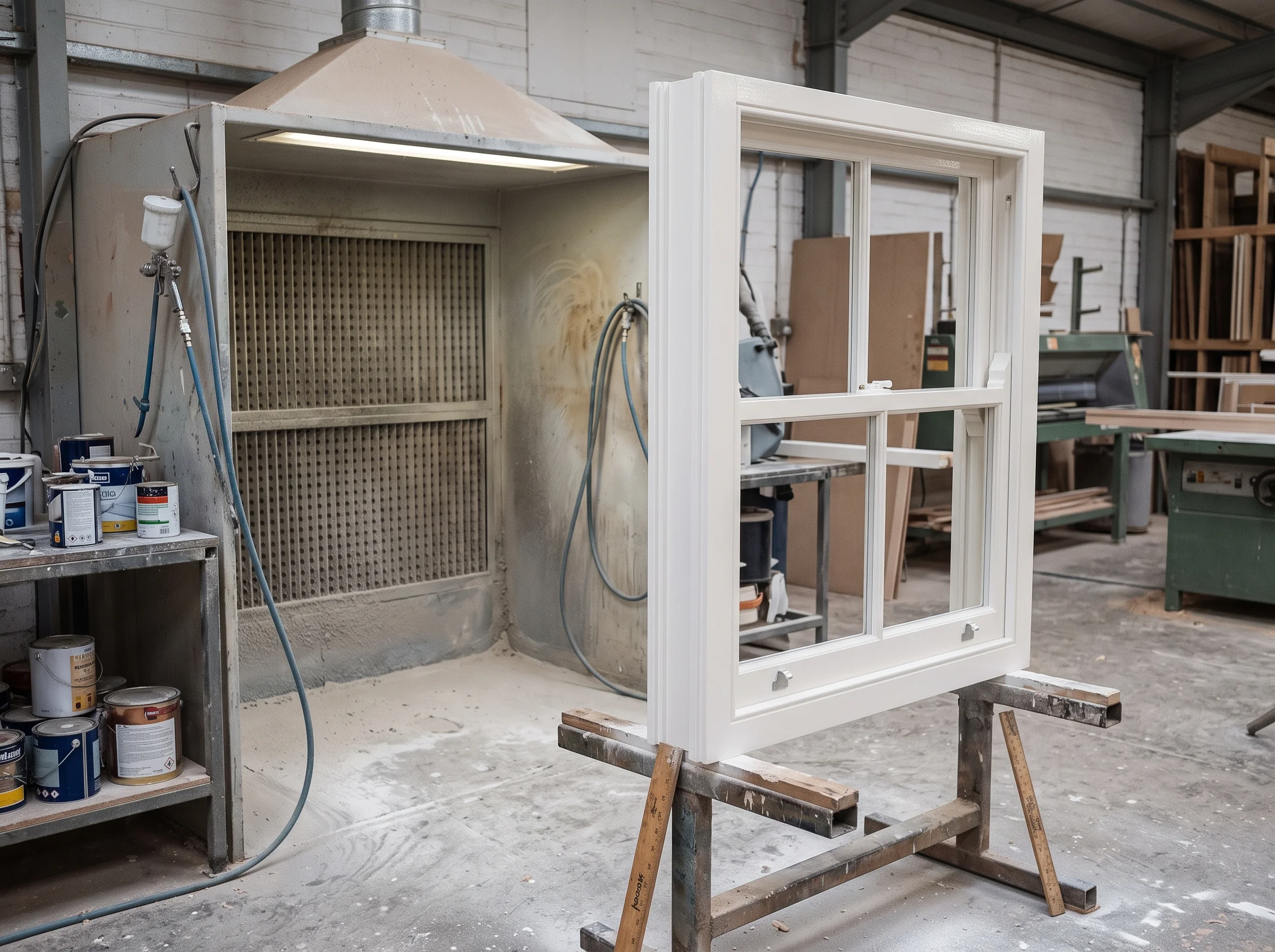 A newly made timber sash window standing in the spray shop with crisp glazing beads and fresh lacquer