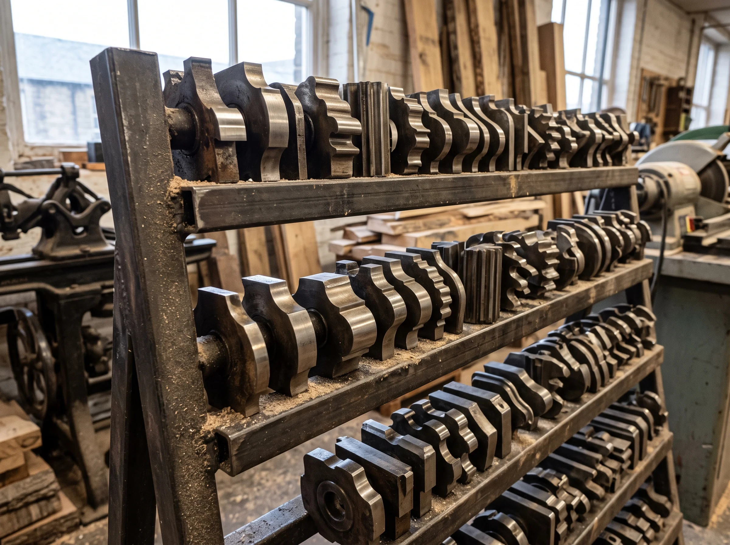 A rack of ground moulding cutters, each with a different profile, catching flat workshop light