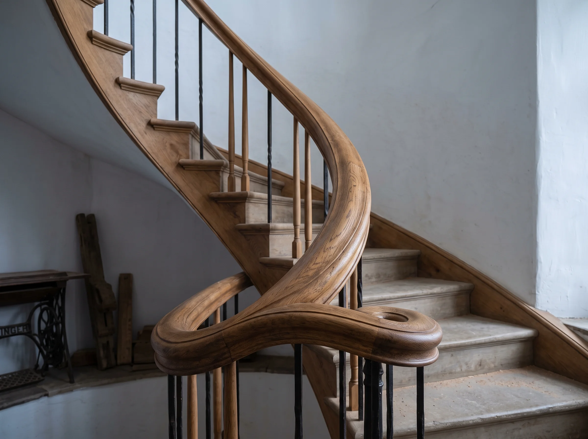 A curved sapele handrail wreathing over a cut string staircase in a period house