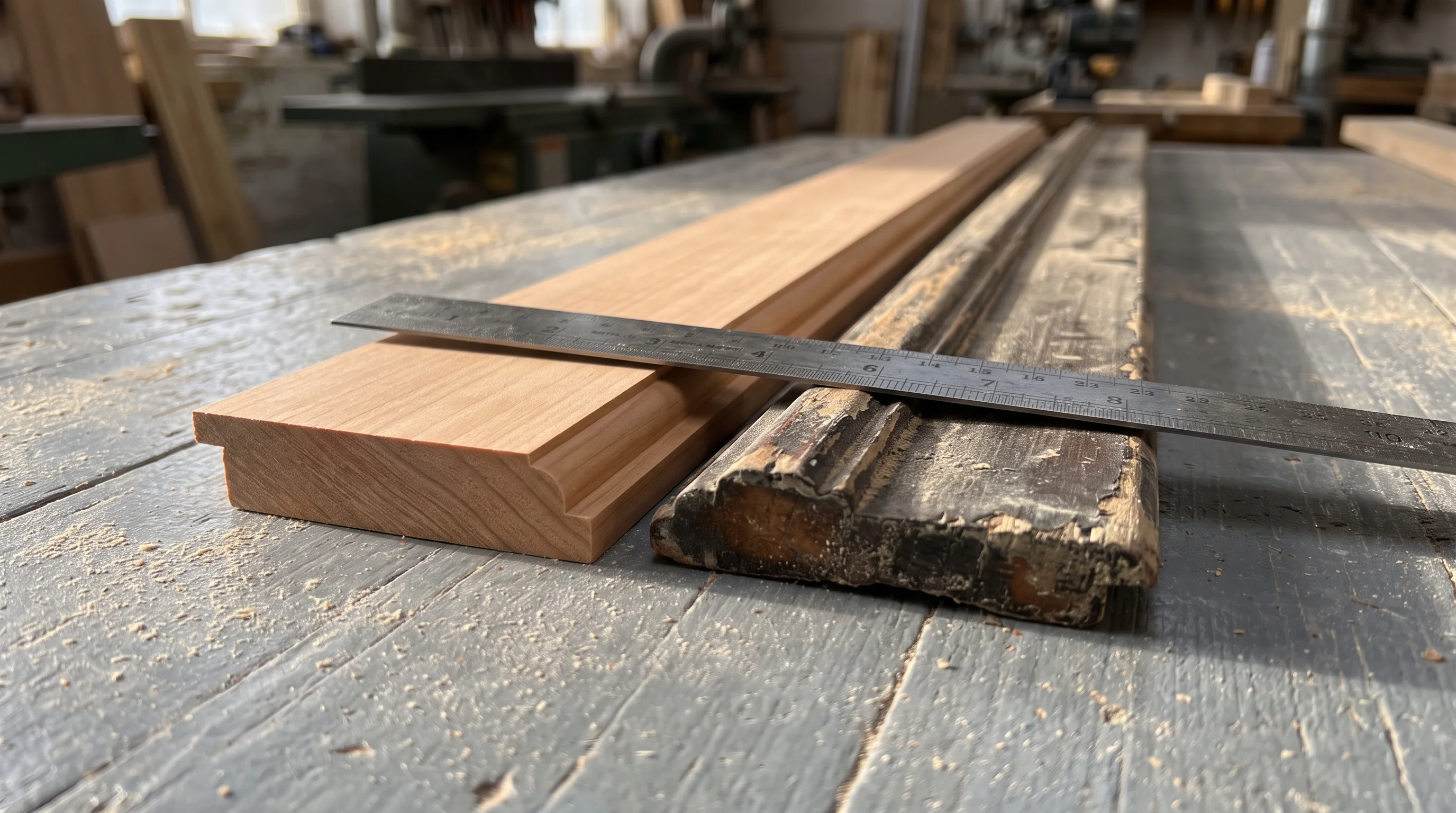 A newly machined length of dado moulding laid against the paint-worn original it matches, with a steel rule alongside